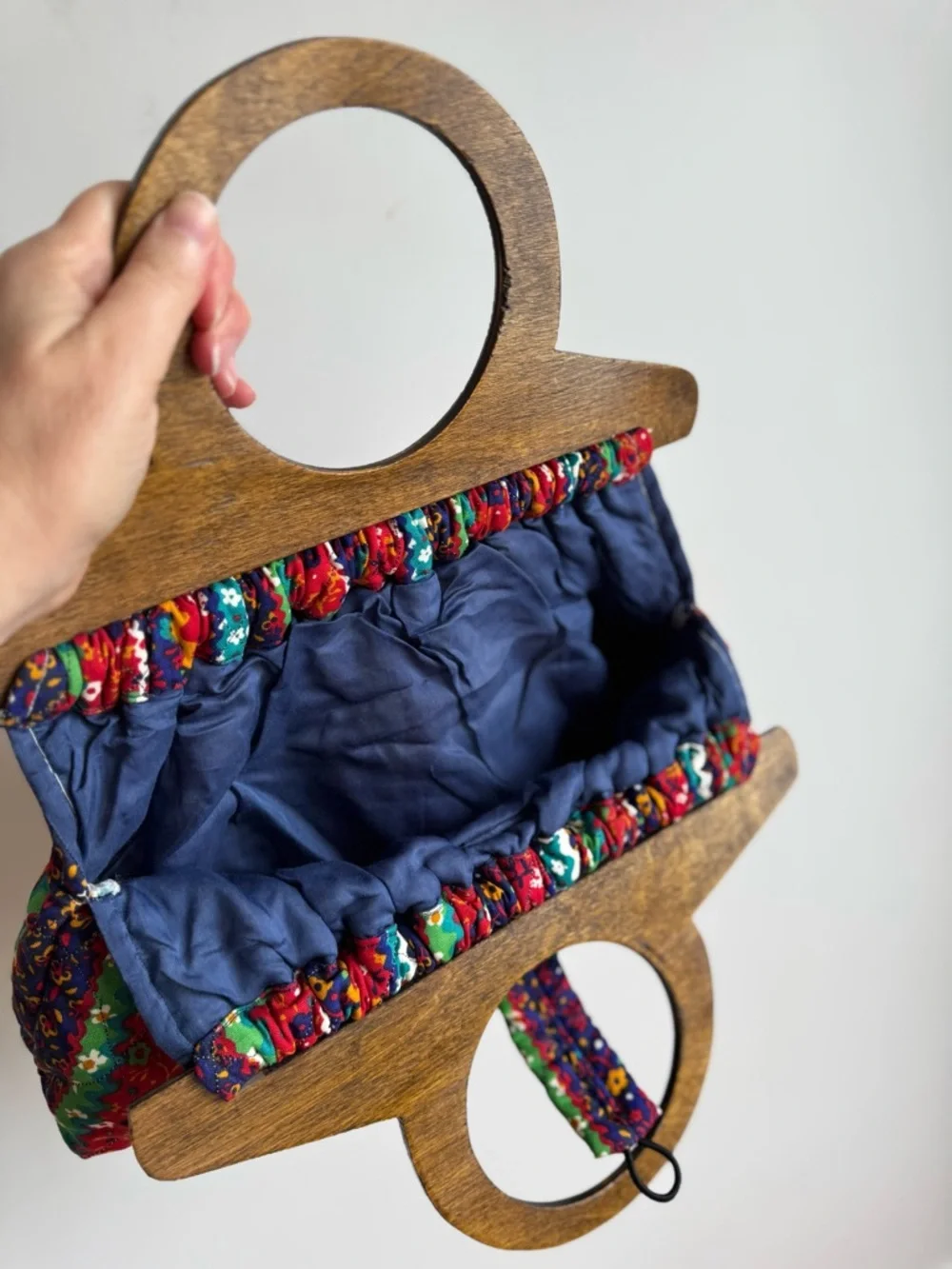 Vintage Boho Folk Print Wooden Handle Bag Cottagecore Festival Summer Purse - Picture 5 of 9